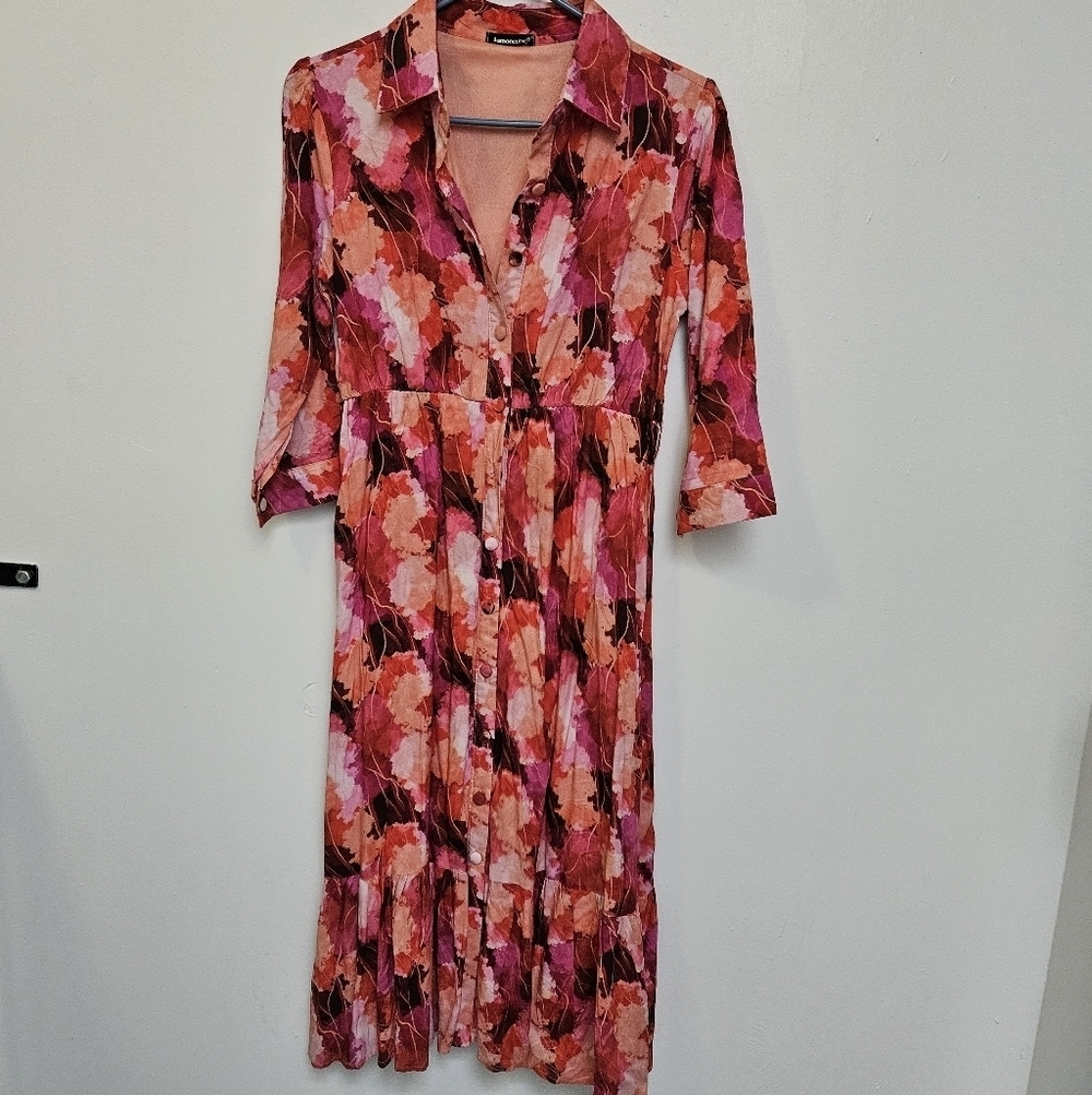 Lemoncurve Sz L Floral Coastal Tiered Flowy Maxi Button DownDress Quater Sleeve - Picture 2 of 16